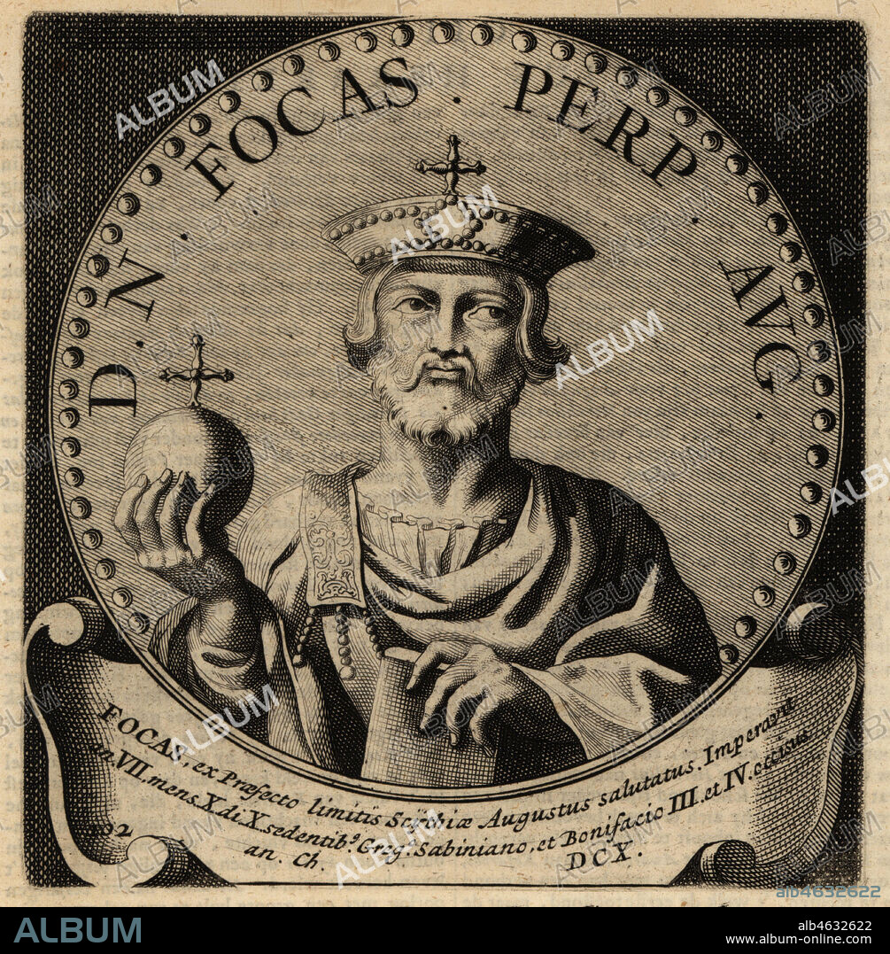 Roman Emperor Phocas or Focas, 547-610. Flavius Phocas Augustus, Byzantine Emperor. Copperplate engraving from Abraham Bogaerts De Roomsche Monarchy, The Roman Monarchy, Francois Salma, Utrecht, 1697.