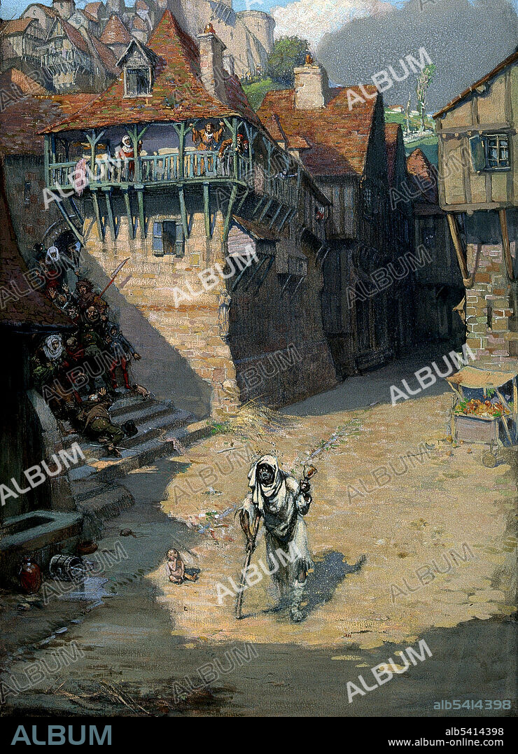 People scrambling to get away from a leper. Richard Tennant Cooper (1885 - 1957) was an English artist whose metaphorical phantasmic paintings show the negative effects of both disease and medical cures on the human body. There is little or no biographical information about his personal life.