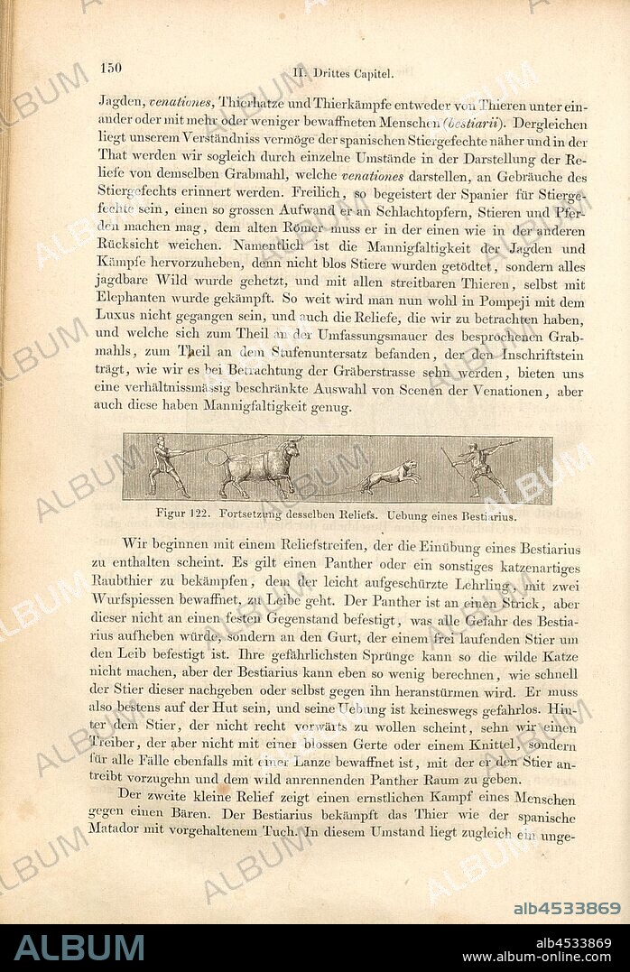 Exercise of a Bestiarius, Gladiator in battle with a panther, grave relief, Fig. 122, p. 150, 1856, Johannes Overbeck: Pompeji in seinen Gebäuden, Alterthümern und Kunstwerken [...]. Leipzig: Verlag von Wilhelm Engelmann, 1856.
