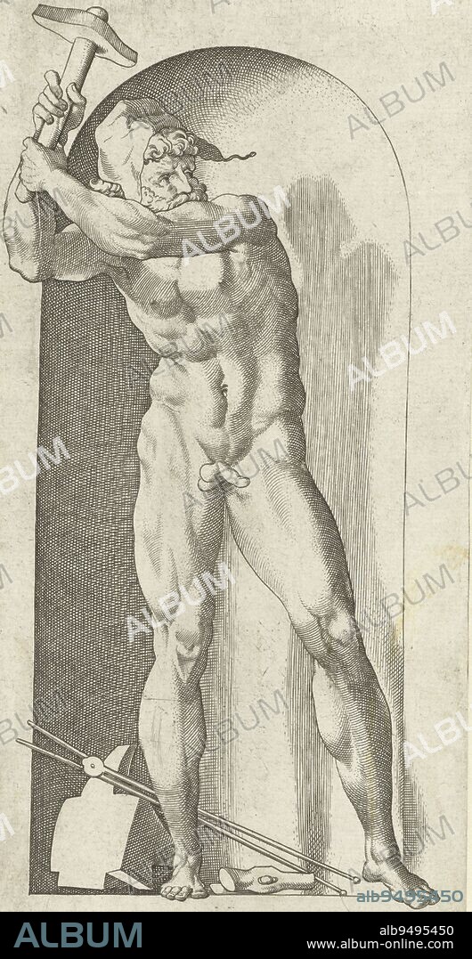 Vulcan as god of fire with tools from his forge, hammers and anvil. The Latin text below the representation refers to his wife, the golden Venus: AVREA MI CONIVNX VENVS EST SATVRNIA MATER. Copy after a print by Jacopo Giovanni Caraglio, Vulcan with hammers and anvil Gods and Goddesses (series title)., print maker: Jacob Binck, Giovanni Jacopo Caraglio, Germany, 1530, paper, engraving, h 212 mm × w 108 mm.