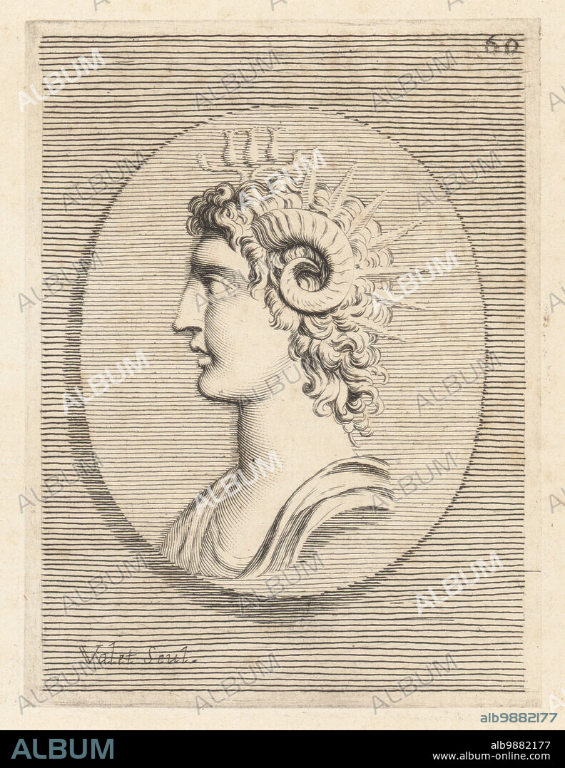 Head of Mark Antony, Marcus Antonius, Roman politician, consul and general, 83-30 BC. M. Antonio. Young man in profile with ram's horns from his head, sun rays and a lotus flower in his curly hair. Copperplate engraving by Guillaume Vallet after Giovanni Angelo Canini from Iconografia, cioe disegni d'imagini de famosissimi monarchi, regi, filososi, poeti ed oratori dell' Antichita, Drawings of images of famous monarchs, kings, philosophers, poets and orators of Antiquity, Ignatio deLazari, Rome, 1699.