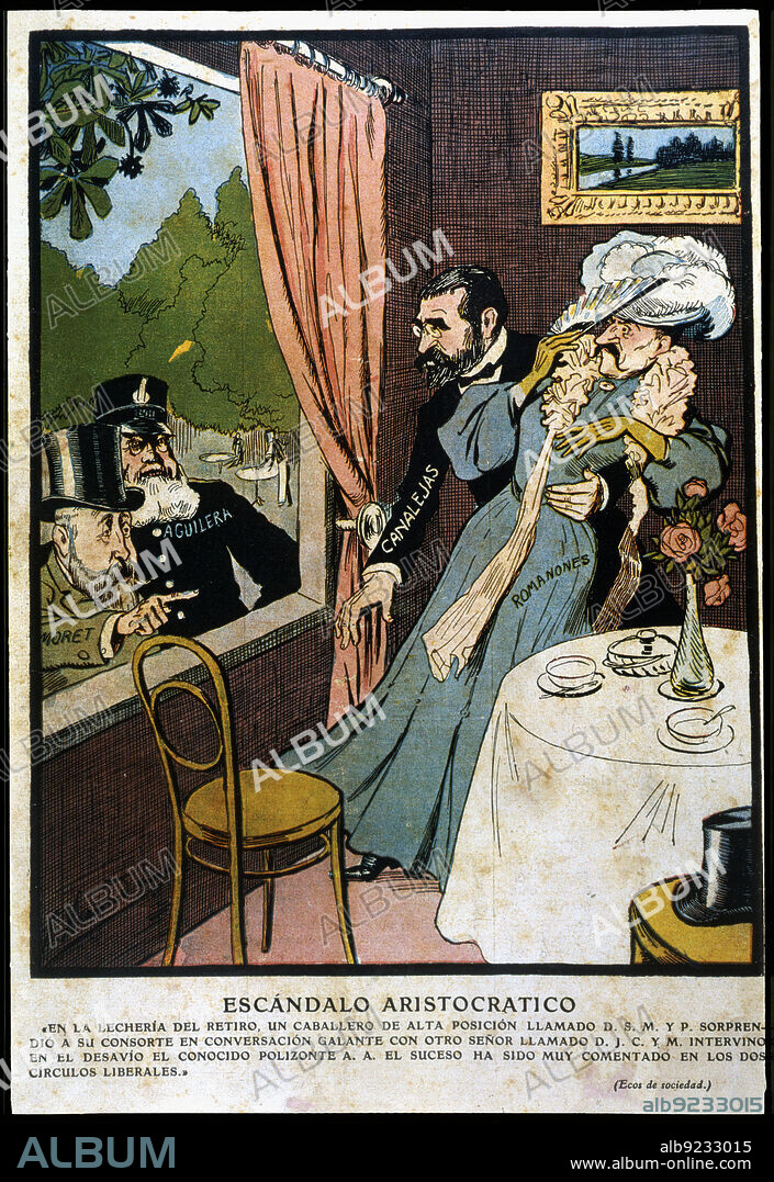 Satirical drawing about the political events in Madrid with the characters of Canalejas, Romanones, Moret and Aguilera. Published in the Gideon magazine on June 3, 1903.