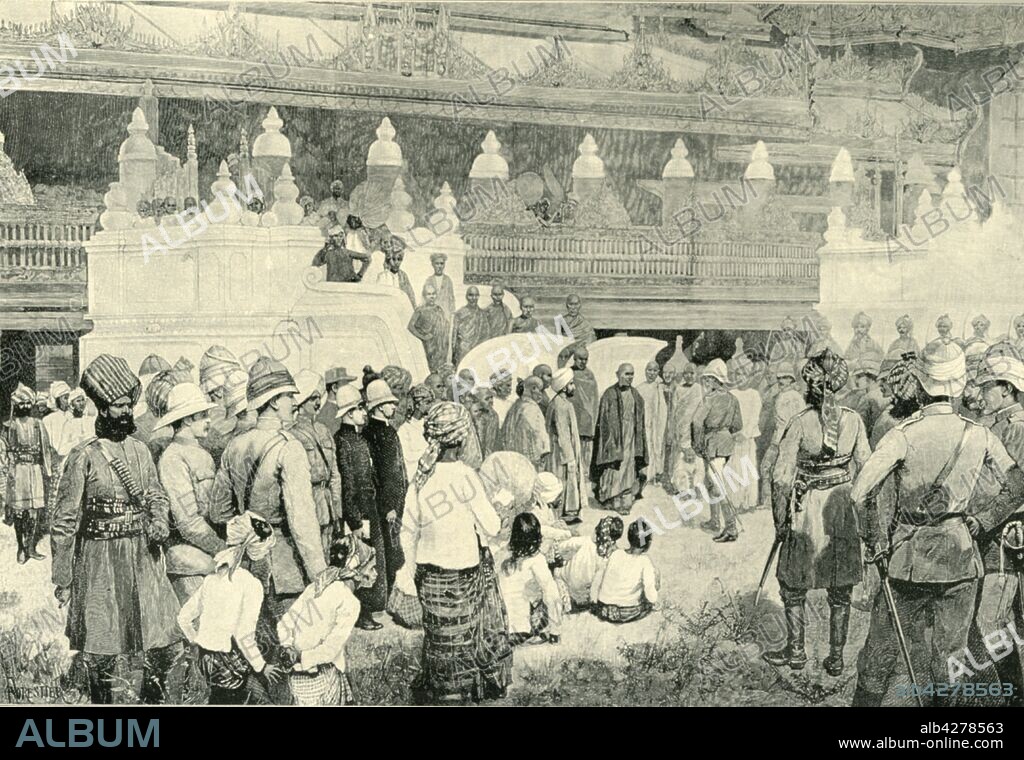 FORESTIER. 'The Burmah War - Sir Frederick Roberts Meeting The Buddhist Archbishop at Mandalay', (1901). British soldier Sir Frederick, 1st Earl Roberts (1832-1914) meets the Thathanabaing at Mandalay in Burma, (now Myanmar), c1886. The Thathanabaing of Burma served as the head of the Buddhist Sangha (order of monks) in pre-colonial Burma. From "The Life and Deeds of Earl Roberts, Vol. III. - To The End of Lord Roberts's Indian Career", by J. Maclaren Cobban. [T. C. & E. C. Jack, Edinburgh, 1901].