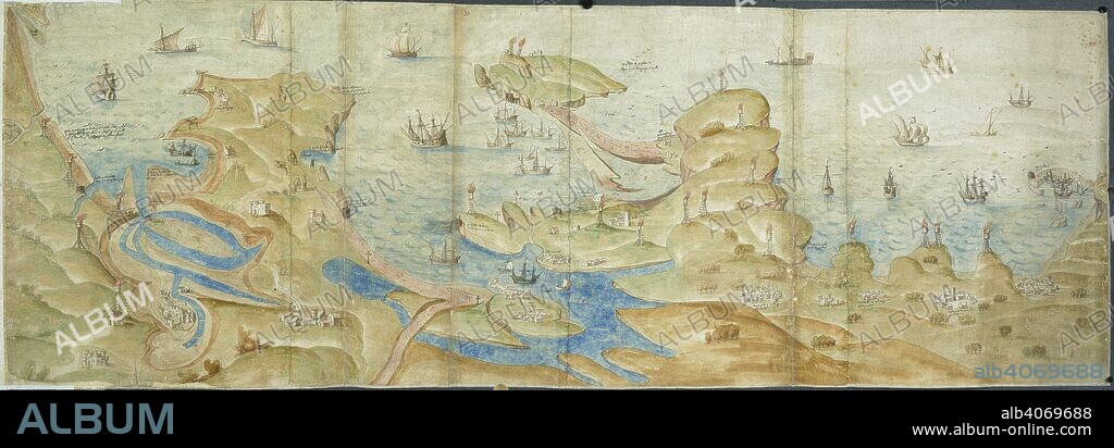 Map of Dorset coast. 1539-1540. Map of the Dorset coast from Poole to Portland and Lyme Regis, showing coastal defences, with beacons and crosses.  Originally published/produced in 1539-1540. . Source: Cotton Augustus I. i. 31 and 33,.