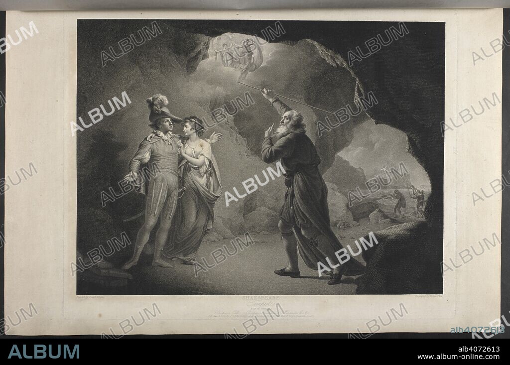 WILLIAM SHAKESPEARE. Tempest. Act IV, scene I Prospero's cell. Prospero, Ferdinand, Miranda. A Collection of Prints, from pictures painted for the purpose of illustrating the Dramatic Works of Shakspeare, by the Artists of Great Britain. London : J. & J. Boydell, 1803. Source: Tab.599.c plate 5. Language: English.