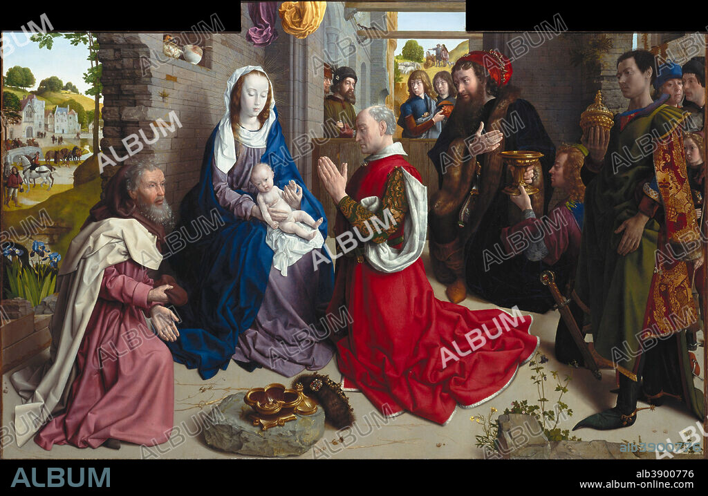 HUGO VAN DER GOES. The Adoration of the Kings (Monforte Altar). Date/Period: Ca. 1470. Painting / reredos / panel painting. Oil on oak wood. Height: 147 cm (57.8 in); Width: 242 cm (95.2 in).
