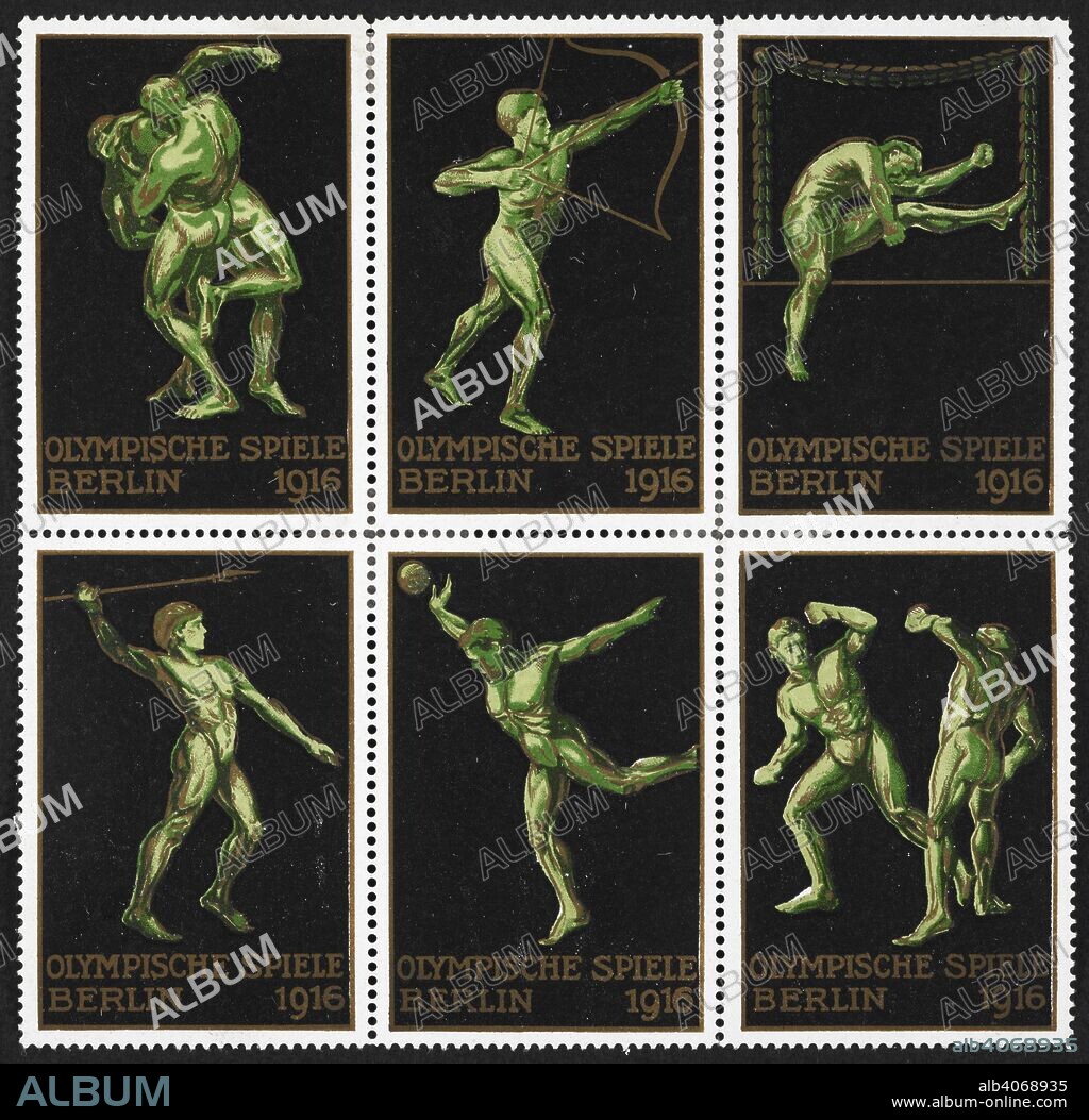 Various figures representing wrestling, archery, the high jump, javelin and the shot put. Germany 1916 Berlin Olympic Games poster stamp block of six, unused  . (The Campbell Johnston Collection). 1916. Language: German.