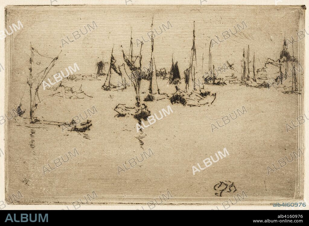 JAMES ABBOTT MCNEILL WHISTLER. Barges, Dordrecht. James McNeill Whistler; American, 1834-1903. Date: 1886. Dimensions: 65 x 98 mm (plate); 224 x 238 mm (sheet). Etching in black ink on cream laid paper. Origin: United States.