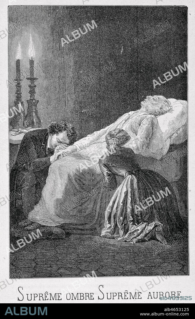 Cosette et Marius au chevet de Jean Valjean mourant in les Miserables de Victor HUGO (1802-1885). Credit: Collection KHARBINE-TAPABOR.