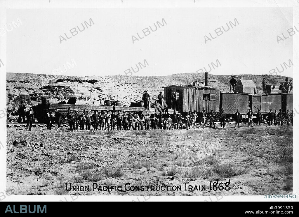 Construction train on the Union Pacific Railroad, USA, 1868. Incorporated by an Act of Congress in 1862, the Union Pacific Railroad was built to extend the American railway system westwards across the country to the Pacific. The first rails were laid in Omaha, Nebraska, and the line was completed when it joined the Central Pacific Railroad at Promontory, Utah in May 1869. The railway was instrumental in bringing about the economic development of the American West.