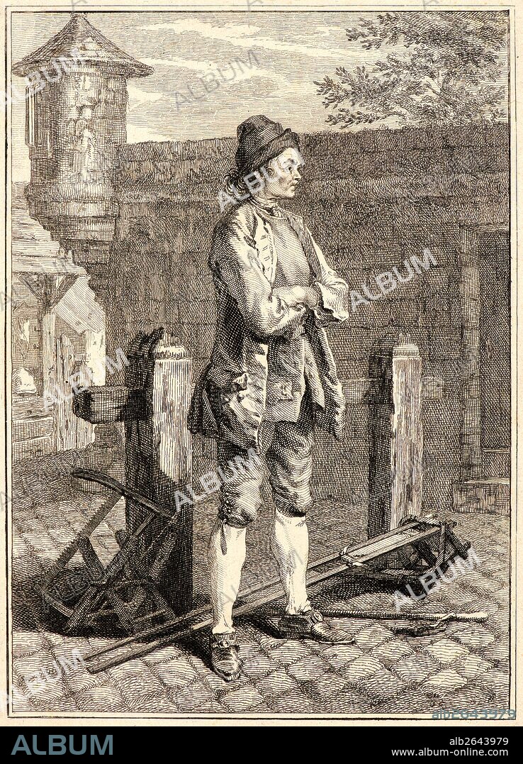 Jean-Baptiste Tilliard (French, 1740 - 1813) after Augustin de Saint-Aubin (French, 1736 - 1807). Wood Sawyer, 1768. From My People (Mes Gens, ou les Commissionaires ultramontains, Les Savoyards). Etching and engraving on laid paper. Sheet: 235 mm x 163 mm (9.25 in. x 6.42 in.). First of three states, before letters.