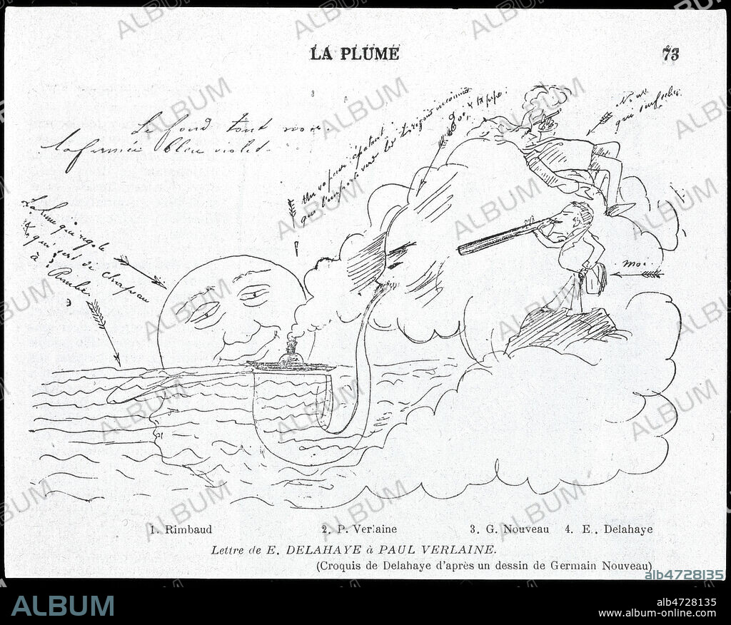 Caricature d'Arthur RIMBAUD (1854-1891), de Paul VERLAINE, de Germain NOUVEAU (1851-1920) et E. DELAHAYE. Croquis d'une lettre envoyee a Verlaine par Delahaye, repris dans la Plume de 1896. Credit : Coll. Dixmier/KHARBINE-TAPABOR.