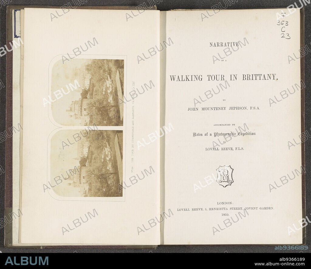 Narrative of a walking tour in Brittany (title on object), John Mounteney Jephson (mentioned on object), publisher: Lovell Augustus Reeve (mentioned on object), London, 1859, paper, cardboard, printing, albumen print, height 254 mm × width 162 mm × thickness 35 mm.