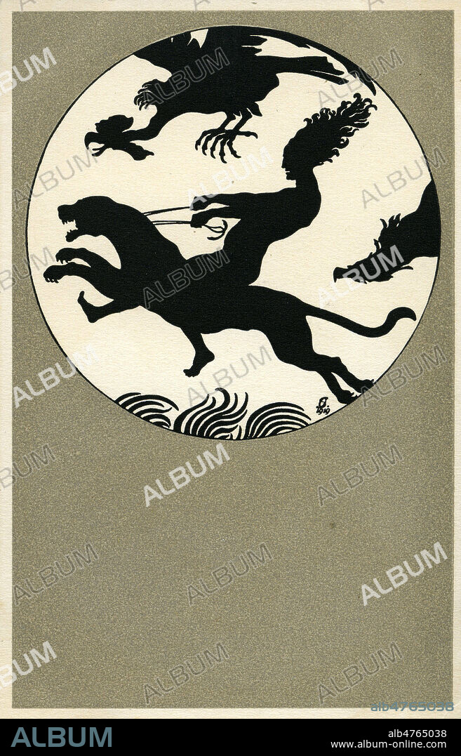 LILITH - Sorciere chevauchant une panthere. Serie de Cartes postales , motifs sorcieres , Sabbat, en ombres chinoises. Illustration OTTO STIEFFEL , 'Walpurgisnacht' la Nuit de Walpurgis . serie de 12. Edite a partir d'un ouvrage porte folio de gravures par Edm v. Konig's Kuntsverlag, Heidelberg, Allemagne vers 1920. Collection IM/KHARBINE TAPABOR.