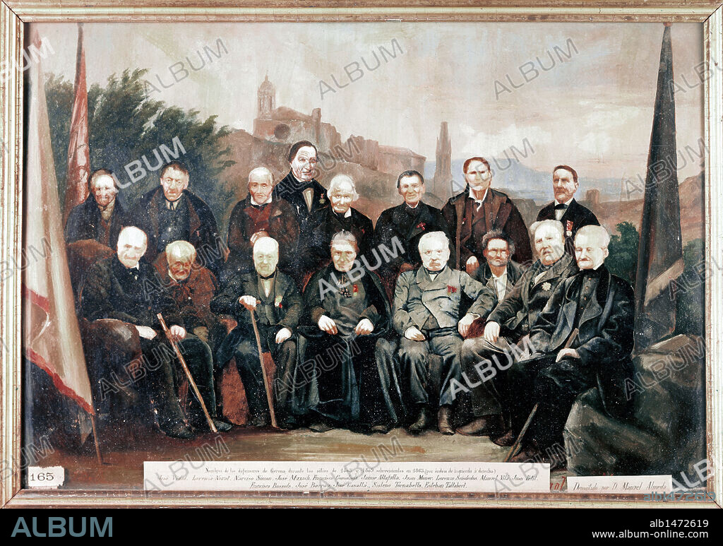 GUERRA DE LA INDEPENDENCIA (1808-1814). GUERRA DEL FRANCES. "NOMBRE DE LOS DEFENSORES DE GERONA, DURANTE EL SITIO DE LA CIUDAD EN LOS AÑOS 1808 Y 1809". (Sobrevivientes en el año 1863; por orden de izquierda a derecha). Pintura al óleo depositado por Don Manuel Almeda. Museo de Historia de la Ciudad. Girona. Cataluña.