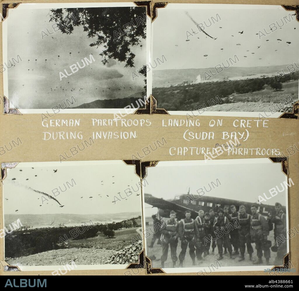 Photograph - German Paratroops, Crete, Greece, World War II, 1941, Black and white photograph from a photography album by David Ralph Goodwin, RAN. The album contains 108 black and white photographs from World War II, many highly significant, showing sea battles (live fire), survivors, wounded and the dead being buried at sea. The photographs are secured with photo corners - a few now adrift. Includes images of German troops evacuating from Greece; German.