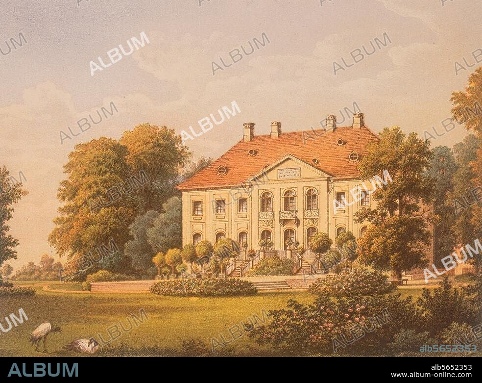 Lauchhammer (Brandenburg), Schloß Mückenberg. - "Mückenberg / Provinz Sachsen / Kreis Liebenwerda". Farblithographie, um 1860, nach Photographie; Berlin (Verlag Alexander Duncker); 14,5 × 19,5 cm.