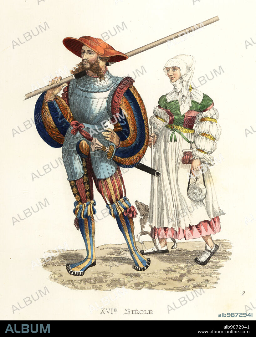 German Landsknechte pikeman and servant girl, 16th century. The soldier in an extraordinary luxurious and flamboyant costume of breastplate, doublet with striped puff sleeves, codpiece, parti-colored hose. Piquier Allemand, Paysanne. After a handcoloured woodcut by Hans Guldenmundt. Handcolored lithograph after an illustration by Edmond Lechevallier-Chevignard from Georges Duplessis's Costumes historiques des XVIe, XVIIe et XVIIIe siecles (Historical costumes of the 16th, 17th and 18th centuries), Paris, 1867. Edmond Lechevallier-Chevignard was an artist, book illustrator, and interior designer.