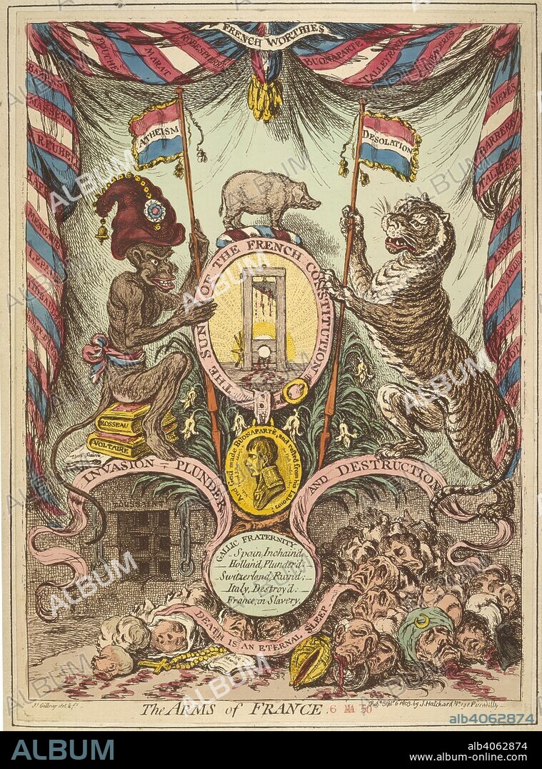 JAMES GILLRAY. The Arms of France. Loyal and patriotic hand-bills, songs, addresses,. London, 1803. A coloured illustrated page showing images related to the French Revolution. In the centre is a guillotine and below that is a portrait of Napoleon Bonaparte. A monkey type figure and a lion stand on each side. In the middle is a wild pig or boar.  Image taken from Loyal and patriotic hand-bills, songs, addresses, etc. on the threatened invasion of Great Britain by Buonaparte.  Originally published/produced in London, 1803. . Source: 650.a.12.(1),. Language: English.