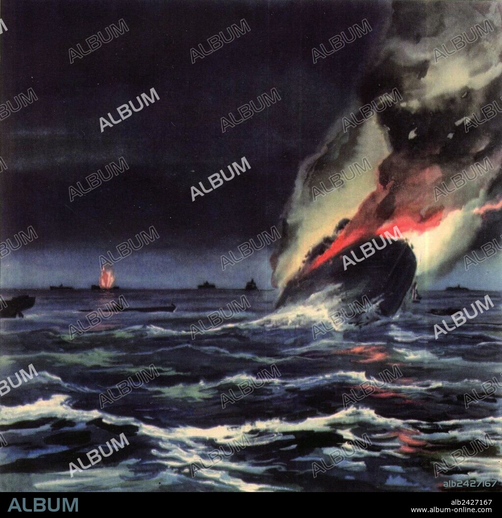 Illustration World War II war at sea 1940 1945-Italian Navy. Italian submarines and submarine warfare. BETASOM, Italian language acronym of Bordeaux Sommergibile, the ubmarine base established at Bordeaux by the Italian Regia Marina Italiana during World War II. From this base, Italian submarines participated in the Battle of the Atlantic from 1940 to 1943 as part of the Axis anti-shipping campaign against the Allies. Original illustratoon published in Vedetta Atlantica the ufficial magazine of submarine italian crews in Betasom.