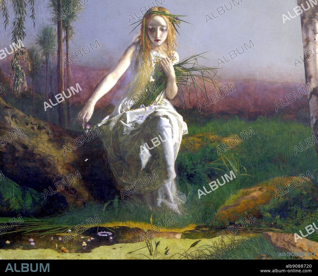 Ophelia 1852 . Arthur Hughes (1832-1915) . Hughes' early Ophelia (seen here) is among the most chilling, bleak images of her. Strewn with wilted rushes rather than wildflowers, she seems barely in her teens and utterly bereft of hope...innocence destroyed.. The lettering on the frame quotes Gertrude's description of Ophelia's fate in Act IV, Scene 7, beginning "There is a willow grows aslant a brook...". ©2006 TopFoto.