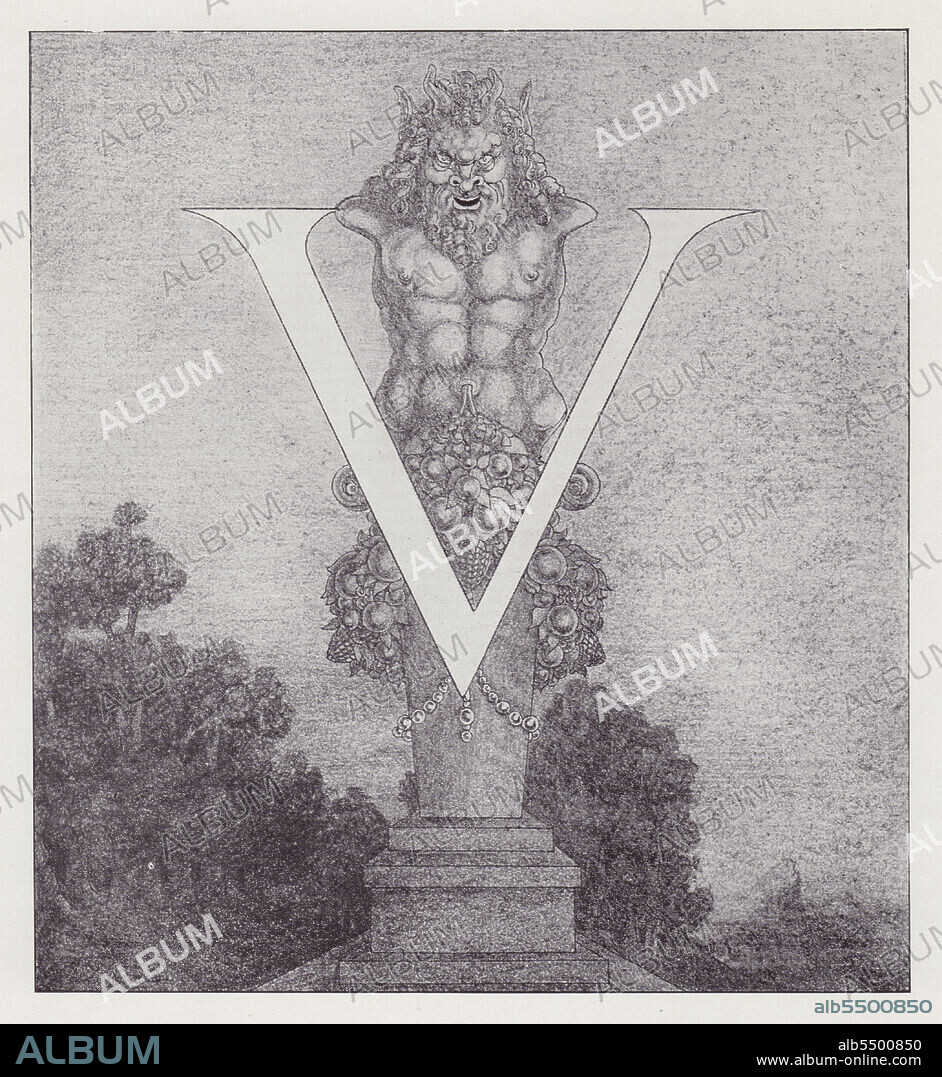 AUBREY BEARDSLEY. Initial Letter V (Satyr) to Volpone, 1898. Illustration for an edition of Ben Jonson's eponymous comedy play, published by Leonard Smithers. This and four others were the only ones of twenty-four contemplated drawings that Beardsley managed to complete before he died of consumption aged 25. From "The Best of Beardsley" edited by R. A. Walker, [The Bodley Head, London, 1948].