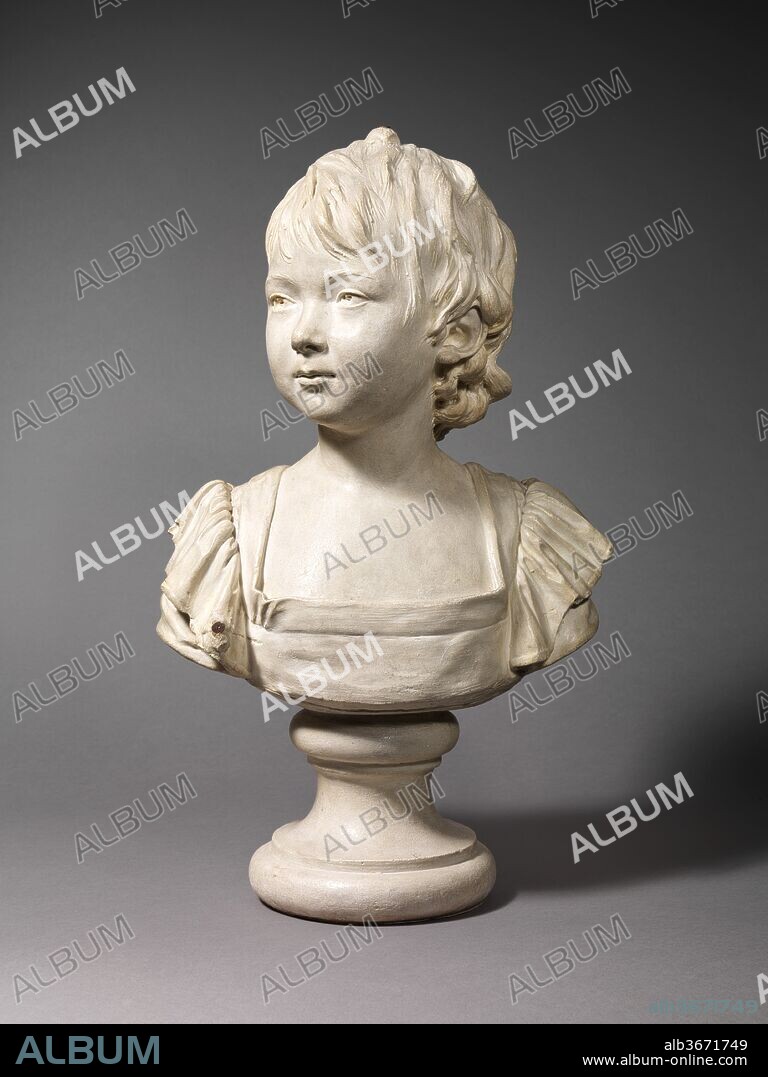 Young girl identified as Anne Audéoud of Geneva (1776-1840). Artist: After a composition by Jean Antoine Houdon (French, Versailles 1741-1828 Paris). Culture: French. Dimensions: Height (bust): 14 1/2 in. (36.8 cm); Height (with socle): 19 1/2 in. (49.5 cm). Date: first modeled ca. 1779-80.
This sketchy plaster, an example of one of the most frequently replicated of Houdon's children's portraits, bears nail heads and markings that apparently served to "point up" a marble version. Although the model has long been attributed to Houdon, the actual date of its conception is uncertain since the different examples bear different dates. Its subject has traditionally been identified as Anne Audéoud, the daughter of a friend of Houdon's great Swiss patron, Jean Girardot de Marigny, in whose collection a bust of that name was documented and who must have commissioned the original.
Houdon varied the format of his children's portraits much as he did when modeling the most distinguished figures of his day--sometimes showing them bare-chested, á l'antique, sometimes in modern clothes, as in the fashionably ruffled dress worn here. The plaster captures the original clay's modeling of the whimsically tousled hair, one of Houdon's fortes, somewhat modified when transferred to marble.