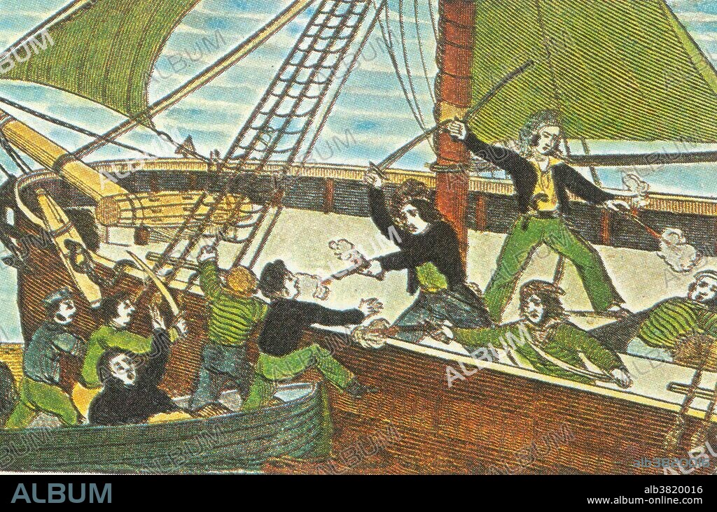 Mary Read and Anne Bonny are shown at the time of their capture, still fighting though most of the pirates have fled below. Mary Read (1680/1690-1721) was an English pirate. In male disguise, she joined the British military, proved herself through battle, but she fell in love with a Flemish soldier. When they married, she dressed as a woman for the first time in her life. Upon her husband's early death, Read resumed male dress. In 1720 she joined pirate John "Calico Jack" Rackham and his companion, Anne Bonny. Anne Bonny (1702-1782) was an Irish red-haired beauty and considered a good catch. She married a poor sailor and small-time pirate named James Bonny and the wound up in the Bahamas. She met Calico Jack and became his mistress. In 1720 Rackham and his crew were arrested and brought to trial in Jamaica, where they were sentenced to hang for acts of piracy. The women escaped the noose when they revealed they were both pregnant. Read died in prison in April 1721, but there is no record of burial of her baby. Bonny disappeared from the historical record, presumed to have lived a long life in Colonial America.
