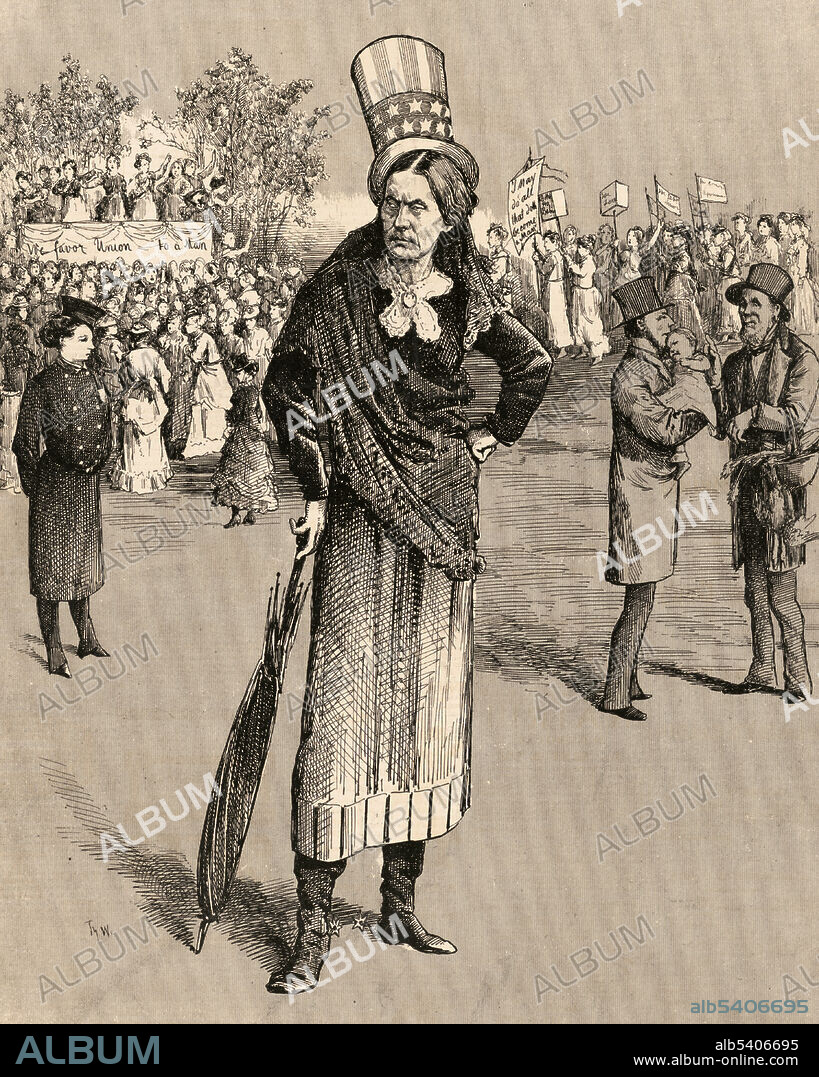 The Daily Graphic: "The woman who dared." A cartoon showing a man-like Susan B. Anthony wearing a top hat and spurs. On the left is a policewoman. At right, a man dandles a baby while another man holds a basket of food. Behind, women are parading and campaigning for equality. Thomas Wust, artist. Published in 1873. Susan B. Anthony (1820-1906) was an American social reformer and women's rights activist who played a pivotal role in the women's suffrage movement.