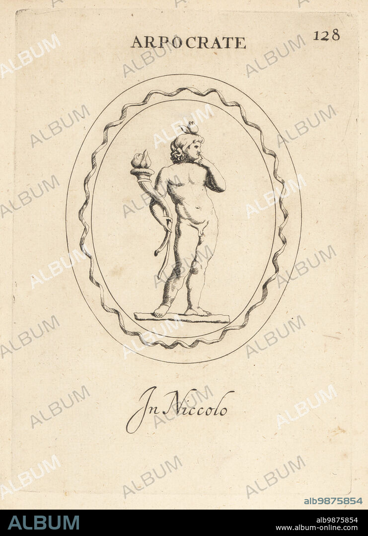 Figure of Harpocrates, ancient Greek god of silence, secrets and confidentiality. With his finger to his lips, holding a cornucopia or horn of plenty. In nicolo. Arpocrate. In niccolo. Copperplate engraving by Giovanni Battista Galestruzzi after Leonardo Agostini from Gemmae et Sculpturae Antiquae Depicti ab Leonardo Augustino Senesi, Abraham Blooteling, Amsterdam, 1685.