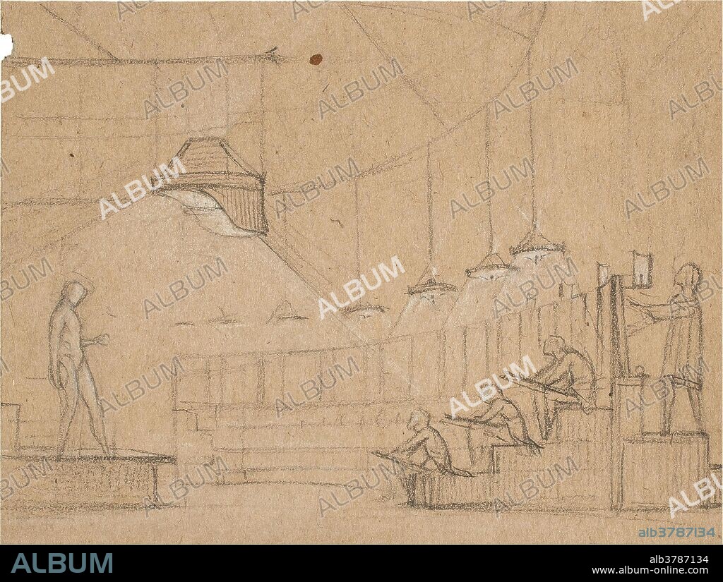JOSE DE MADRAZO Y AGUDO. José de Madrazo y Agudo / 'Aula de dibujo al natural, croquis de su sistema de iluminación y esquema de sus gradas'. Primera mitad del siglo XIX. Clarión, Lápiz compuesto sobre papel, 144 x 190 mm.