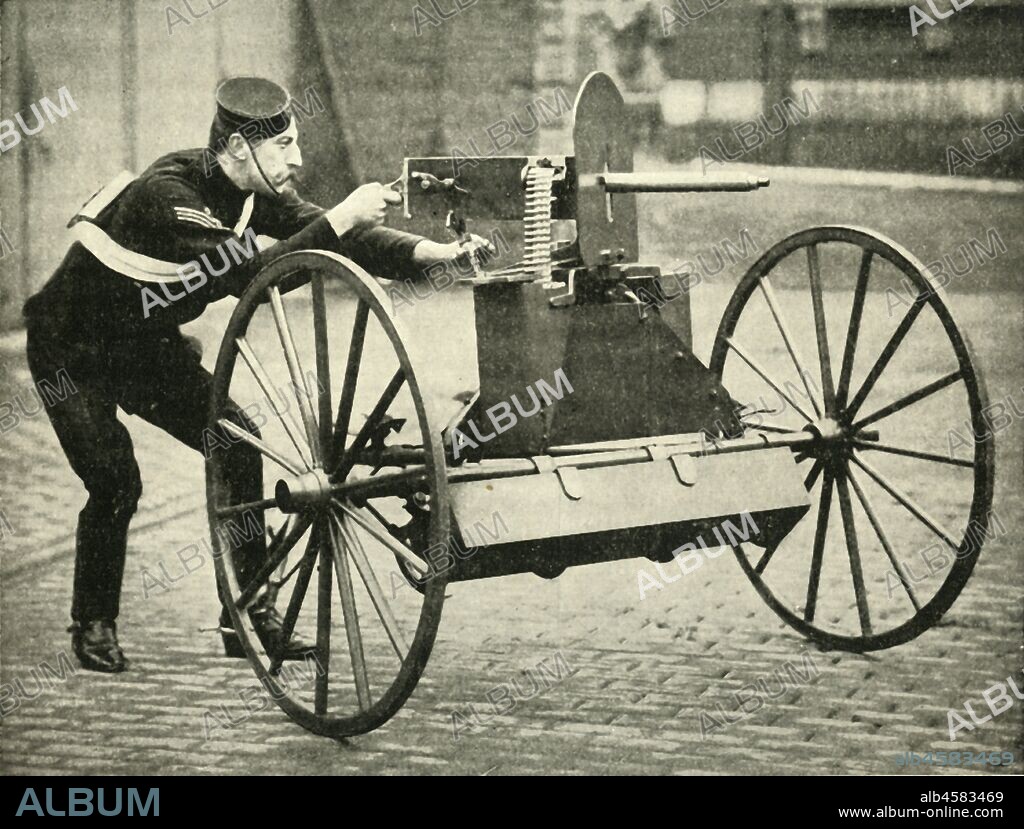 GREGORY & CO. 'Types of Arms - Lord Dundonald's Galloping Gun-Carriage with Maxim', 1900. Douglas Cochrane, 12th Earl of Dundonald served in the Second Boer War and in November 1899 he was appointed Commander of the Mounted Brigade, part of the South Natal Field Force. From "South Africa and the Transvaal War, Vol. III", by Louis Creswicke. [T. C. & E. C. Jack, Edinburgh, 1900].