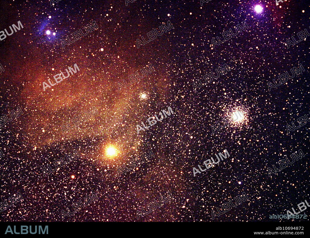 Emission nebula IC 4606 (centre left, brown). This emission nebula surrounds the red giant star Alpha Scorpius (Antares, yellow, lower left). At centre right is globular cluster M4 (NGC 6121). Globular cluster NGC 6144 is near centre, obscured by the nebula. At top right is the star Sigma Scorpius, another star in the constellation of Scorpius. A nebula is a cloud of gas and dust in space, many light years across. It is called an emission nebula when the hydrogen gas is ionised, emitting red light. The hydrogen gas is being ionised by Antares. Globular clusters are balls of hundreds of thousands of stars. They are much more distant objects than these nearby bright stars.