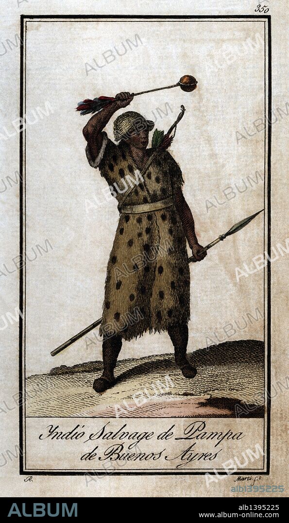 Indio salvaje de la Pampa de Buenos Aires, Argentina. Grabado en color de 1805.