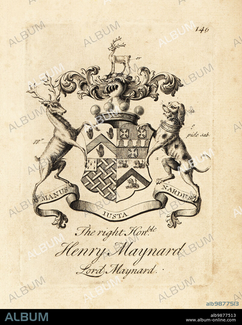 Coat of arms of the Right Honourable Henry Maynard, Lord Maynard, 4th Baron Maynard, died 1742. Copperplate engraving by Andrew Johnston after C. Gardiner from Notitia Anglicana, Shewing the Achievements of all the English Nobility, Andrew Johnson, the Strand, London, 1724.