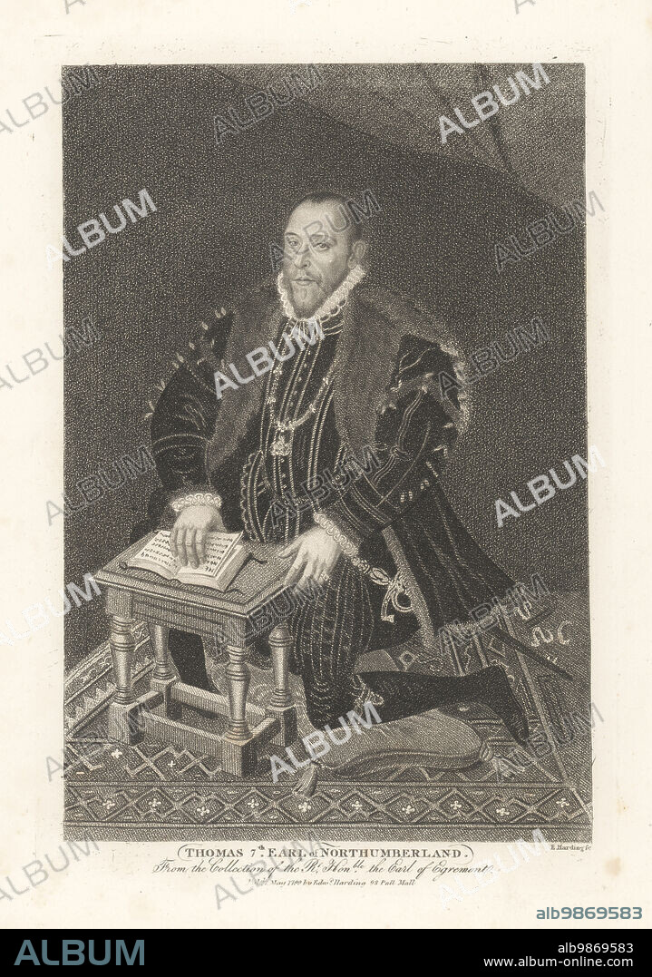 Thomas Percy, 7th Earl of Northumberland, kneeling on a cushion, wearing a black doublet with a fur trimmed cloak, a white ruff and the Order of the Garter collar and garter, court sword, reading a prayer book. Thomas, 7th Earl of Northumberland, executed for treason, 1528-1572. From a painting by Steven van der Meulen in Earl Egremont's collection at Petworth House, West Sussex. Copperplate engraving by Edward Harding from John Adolphus The British Cabinet, containing Portraits of Illustrious Personages, printed by T. Bensley for E. Harding, 98 Pall Mall, London, 1799.