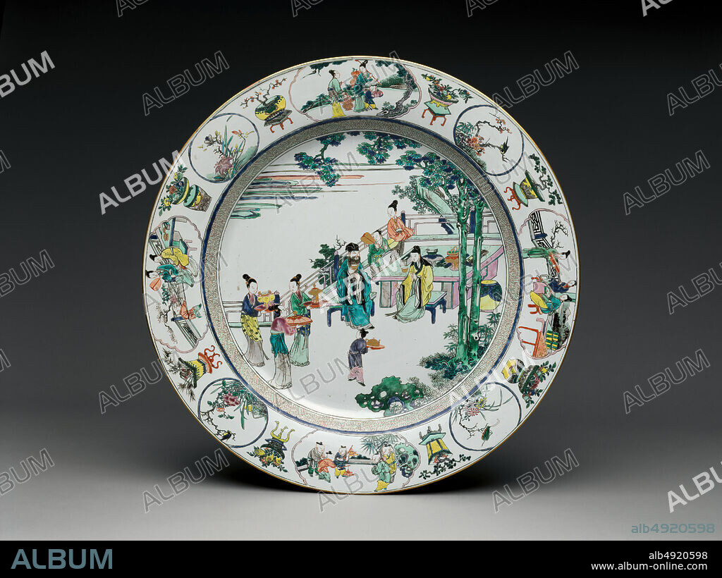 Plate with Scene of Offering Tribute, China, Qing dynasty (16441911), Yongzheng period (172335), Date early 18th century, China, Porcelain painted with colored enamels on the biscuit (Jingdezhen ware), H. 3 1/4 in. (8.3 cm); Diam. 21 7/8 in. (55.6 cm), Ceramics.