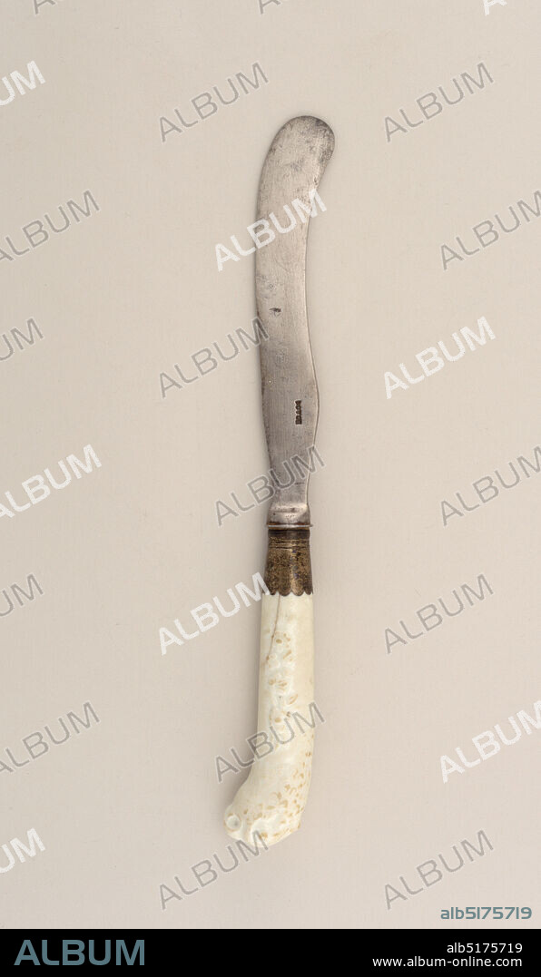 Knife with Porcelain Handle, steel, silver; soft paste porcelain, vitreous enamel, Sabre-shaped blade, plain bolster. silver ferrule with scalloped edge. Pistol-shaped white porcelain handle, decorated in relief with floral sprays and a parrot's head at the top of the handle., England, ca. 1750, cutlery, Decorative Arts, knife, knife.