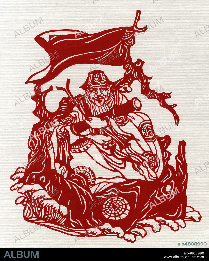Chang-kuo-lao ou Zhang GuoLao, l'un des Huit Immortels de la legende taoiste chinoise represente avec son instrument a percussion en bambou. Papier decoupe chinois. Illustration anonyme. Credit : Collection Jonas/Kharbine-Tapabor.