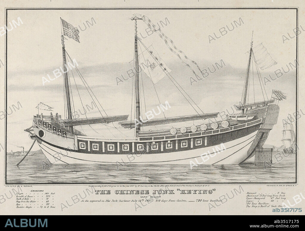 The Chinese Junk 'Keying'–Captain Kellett–As she appeared in New York harbour July 13th, 1847–212 days from Canton.–720 tons burthen, 1847, Lithograph; uncolored, Image: 7 15/16 x 13 1/8 in. (20.2 x 33.3 cm), Prints, Three-masted ship anchored and facing right with American flag flying from stern. Unlike other most Nathaniel Currier prints, this print is not hand-colored.
