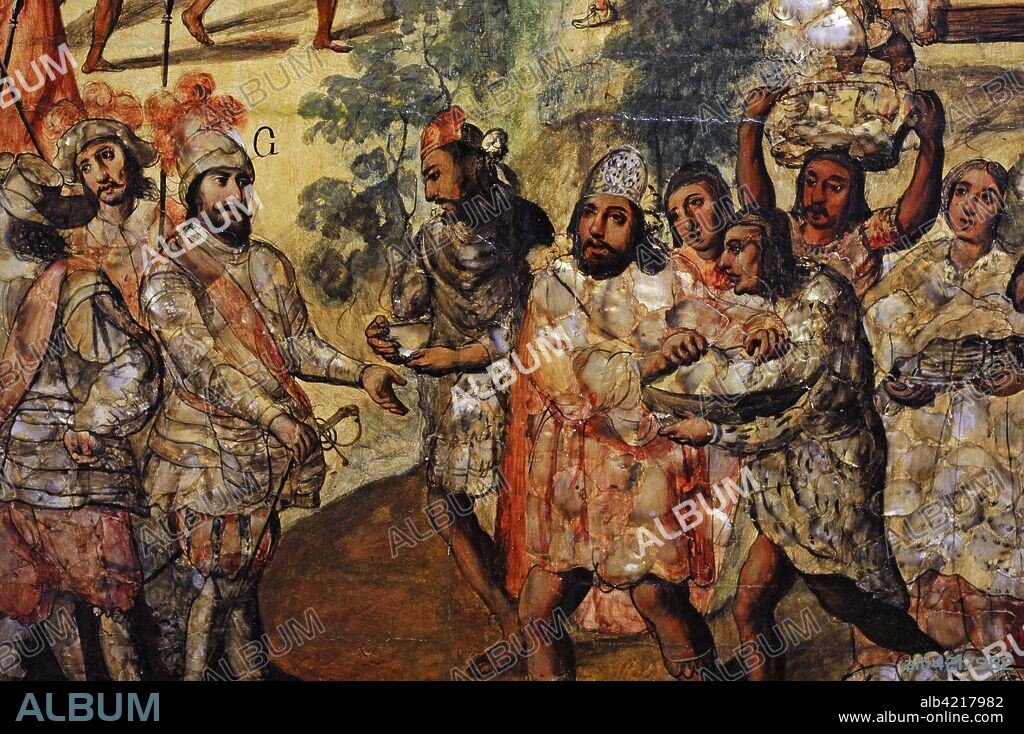 Título: Conquista de México (1519-1521). Detalle. La entrada del conquistador Hernán Cortés en Zempuala, donde es recibido por el "Cacique Gordo" que le ofrece alimentos y regalos. Tabla que forma parte de un conjunto de 6. Autor anónimo. Técnica: Enconchado. Material / soporte: Tabla, pintura al óleo, nácar. Estilo: Escuela mexicana. Virreinato de la Nueva España. México (América del Norte). 1676-1700. Museo de América. Madrid. España.