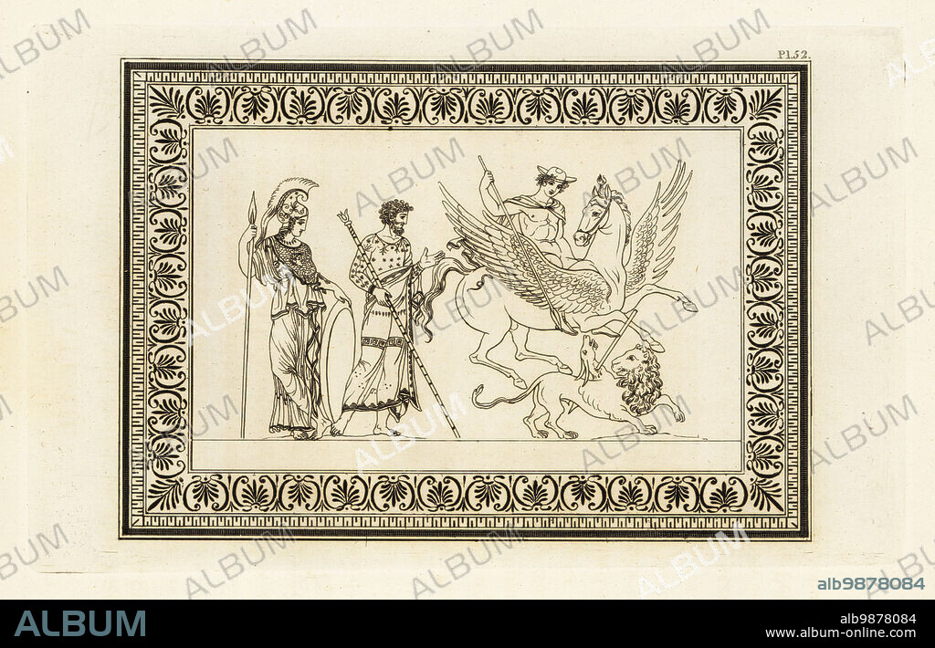 Bellerophon on the winged horse Pegasus defeating the chimera. Iobates holds a sceptre and Minerva stands with helmet, spear and shield. Copperplate engraving by Thomas Kirk (1765-1797) from Sir William Hamiltons Outlines from the Figures and Compositions upon the Greek, Roman and Etruscan Vases of the Late Sir Hamilton, T. MLean, London, 1834.
