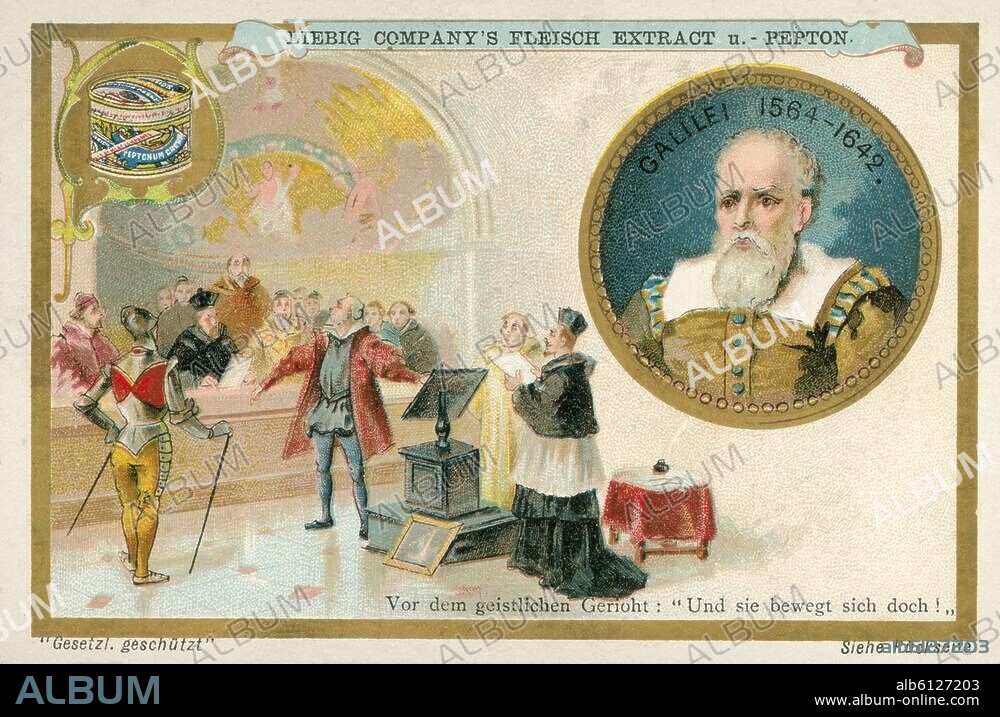 Galilée, Galileo Galilei, dit ; physicien et astronome italien ; Pise 15.2.1564-Arcetri, Florence 8.1.1642. "Devant le tribunal ecclésiastiques : et pourtant elle tourne !" (Tribunal de l'Inquisition à Rome 1633). Lithographie coul., 1890. Vignettes de la compagnie Liebig d'extrait de viande. De la série : inventeurs. Imp. : Hermann Sch"htt, Rheydt. Berlin, Sammlung Archiv für Kunst und Geschichte.