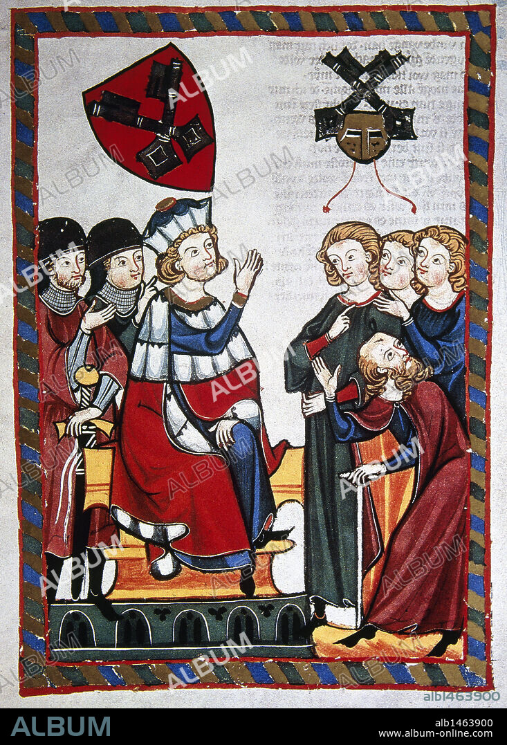 Der Burggraf von Regensburg presides over a trial. Codex Manesse (ca.1300) by Rudiger Manesse and his son Johannes. Miniature. Folio 318r. University of  Heidelberg. Library. Germany.