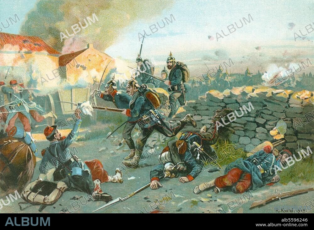 RICHARD KNÖTEL. Deutsch-französischer Krieg 1870/71. Schlacht bei Gravelotte und St. Privat am 18. August 1870. - "Die Sachsen bei St. Privat. 18. August 1870". (Die preuß. Garde und das sächs. Korps erstürmen den Hauptstützpunkt des franz. rechten Flügels unter Canrobert). Farblithographie, 1900, nach Richard Knötel (1857-1914).