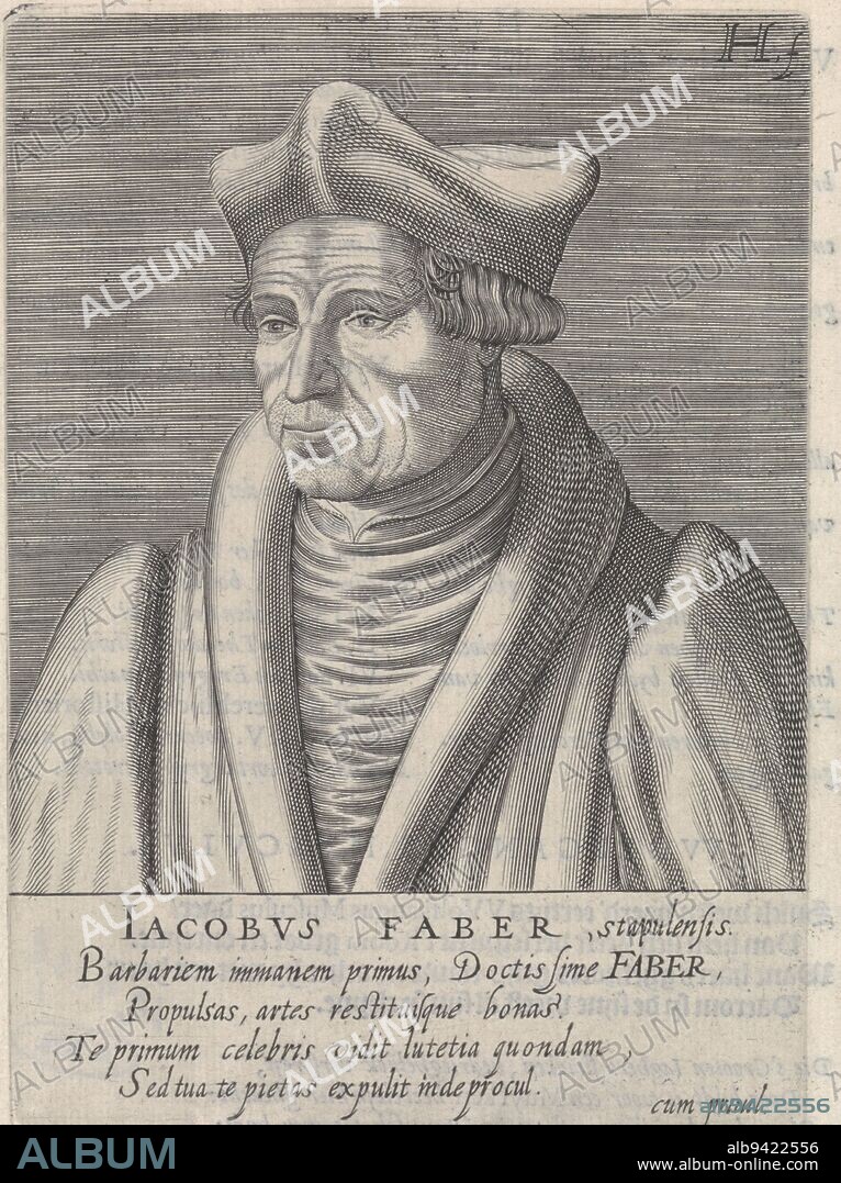 Portrait of Jacques Lefèvre d'Étaples, Hendrick Hondius (I), 1599, Bust to the left of Jacques Lefèvre d'Étaples. Below the portrait his name and four lines in Latin. Print from (part 1 of) the series of portraits of famous reformers., print maker: Hendrick Hondius (I), (mentioned on object), Staten-Generaal, (mentioned on object), The Hague, 1599, paper, engraving, letterpress printing, h 169 mm × w 122 mm.