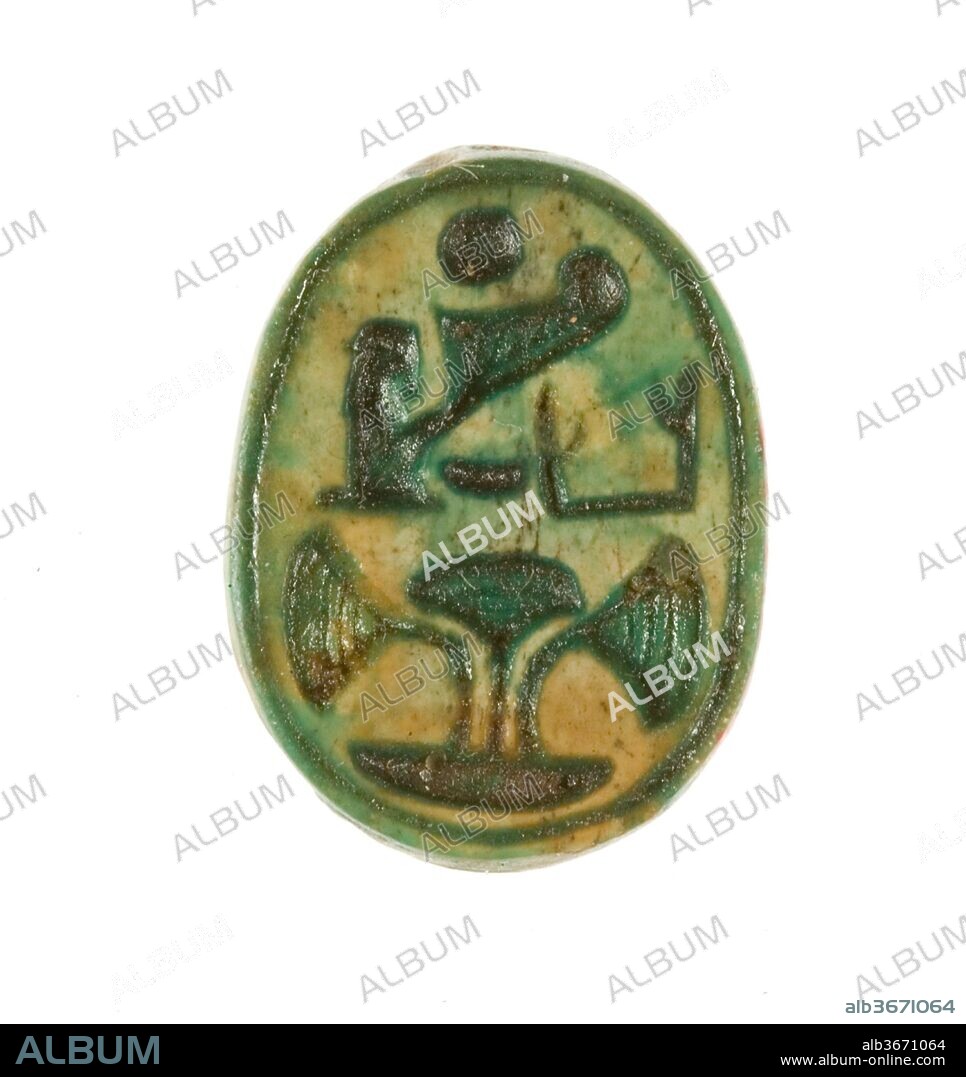 Scarab Inscribed with the Name Maatkare Over a Papyrus Thicket. Dimensions: L. 1.8 cm (11/16 in.); w. 1.4 cm (9/16 in.). Dynasty: Dynasty 18, early. Reign: Joint reign of Hatshepsut and Thutmose III. Date: ca. 1479-1458 B.C..
During the 1926-1927 excavation season, the Museum's Egyptian Expedition uncovered three foundation deposits along the eastern enclosure wall of Hatshepsut's funerary temple at Deir el-Bahri in Western Thebes.  Among the contents were 299 scarabs and stamp-seals. Sixty-five of these are now in the Egyptian Museum, Cairo, and the rest were acquired by the Museum in the division of finds.
Among the inscriptions on the bases of these scarabs and seals are examples of every title Hatshepsut held, from the time she was "king's daughter" during the reign of her father, Thutmose I; through the time she was queen of her half-brother, Thutmose II; and during her regency and co-reign with her nephew/step-son, Thutmose III.
After the death of her husband, Hatshepsut became regent for her nephew who was a small child. The length of this regency period is uncertain, with estimates ranging from two to seven years. At some time, probably toward the end of the regency, Hatshepsut adopted the name Maatkare which was usually enclosed in a cartouche and became her throne name as king. The name may be roughly translated as Maat (the goddess of truth) is the life force of Re (the sun god). In the inscription on the base of this scarab, the crouching figure of the goddess is identified by the ostrich plume, the word ka is written with the upstretched arms, and Re is represented by the sun disk.
On two of the Museum's scarabs (27.3.224, .225), the name Maatkare is written above the hieroglyph that represents a papyrus thicket. This hieroglyph refers to the Delta region, also known as Lower Egypt, thus liking Hatshepsut to one of the Two Lands ruled over by the Pharaoh.