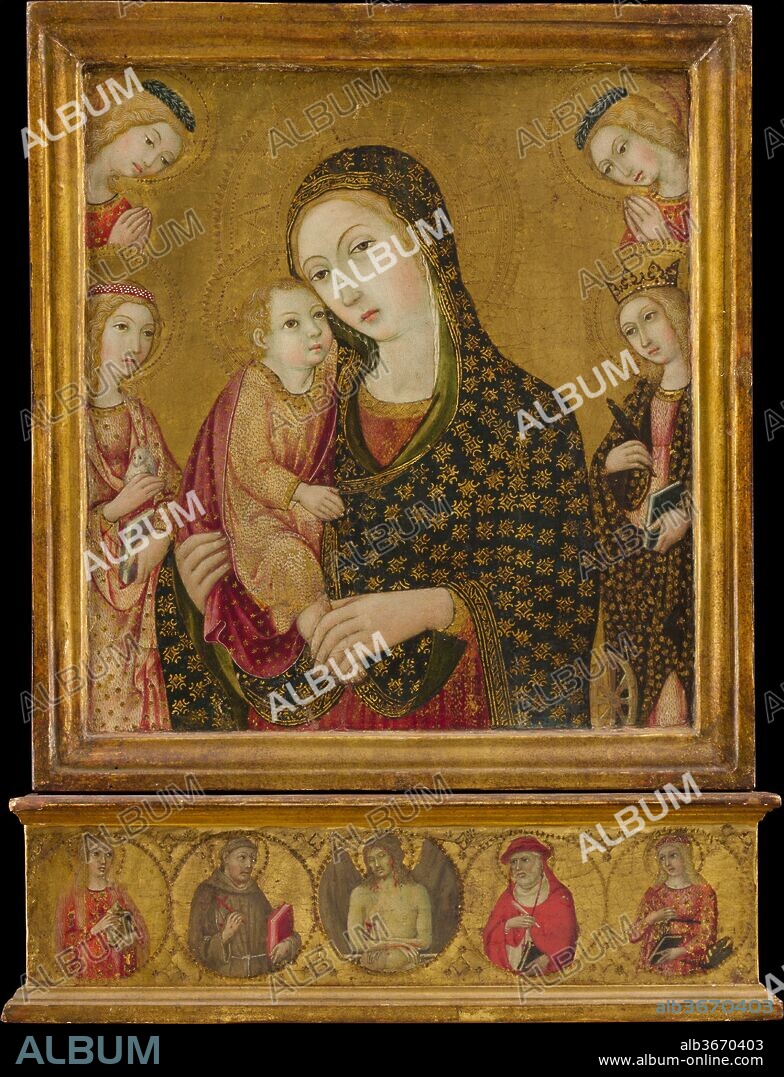 Madonna and Child with the Dead Christ, Saints Agnes and Catherine of Alexandria, and Two Angels. Artist: Sano di Pietro (Ansano di Pietro di Mencio) (Italian, Siena 1405-1481 Siena). Dimensions: Main panel, overall, with engaged (modern) frame, 12 3/4 x 11 3/4 in. (32.4 x 29.8 cm), painted surface 10 7/8 x 9 7/8 in. (27.6 x 25.1 cm); predella, overall, with engaged (modern) frame, 3 5/8 x 12 5/8 in. (9.2 x 32.1 cm), painted surface 2 5/8 x 11 7/8 in. (6.7 x 30.2 cm). Date: ca. 1470-80.
Sano's active workshop was the principal source in Siena for devotional images of the Madonna and Child, invariably shown bust-length, accompanied by saints and angels. The saints on the base (predella) are Mary Magdalen, Francis, Jerome, and Margaret. The predominance of female saints together with Saints Francis and Jerome suggest the work may have been destined for a female associated with the lay order of the Jesuati, founded in Siena in 1360, or a member of the Confraternity of the Virgin, to which Sano himself belonged.