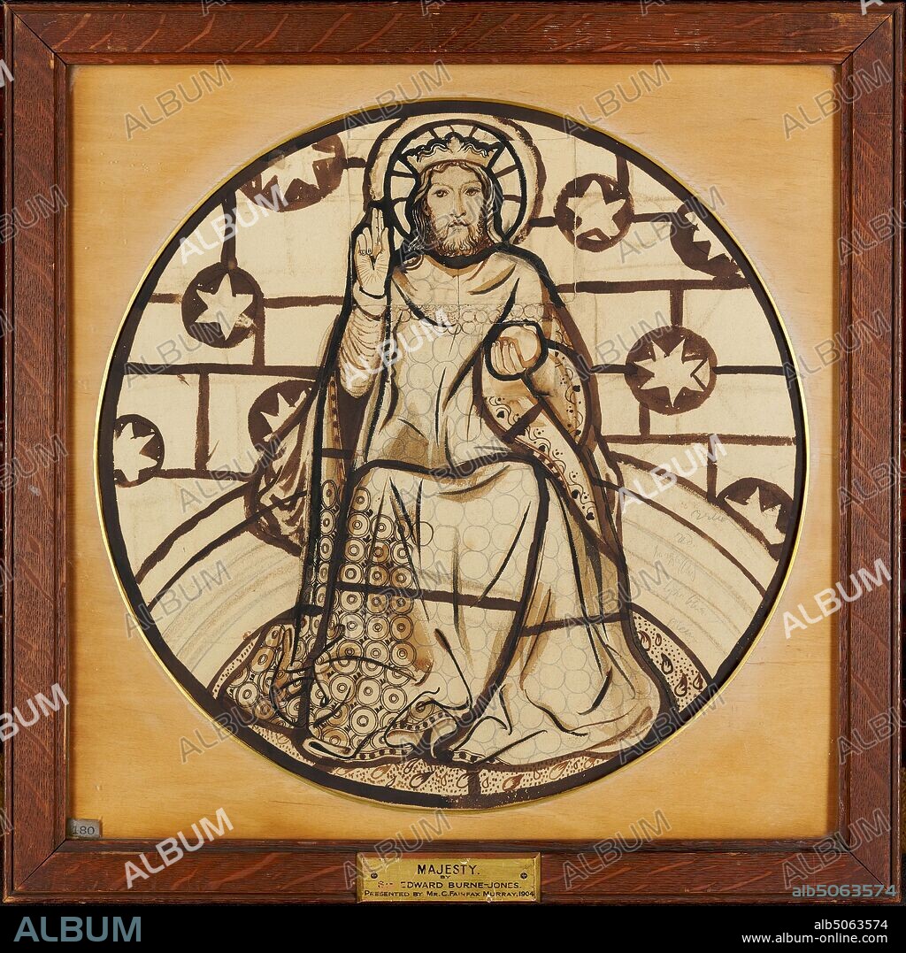 Christ in Majesty, 1861 Sir Edward Burne-Jones (d.1898), Design shows Christ, two fingers raised, stars behind, holding an orb and sitting on moon throne., Art Movement, Pre-Raphaelite, 19th Century, Religion, Jesus, crown, Religion, Jesus Christ, Seated, Shape, Circle, Works on Paper.