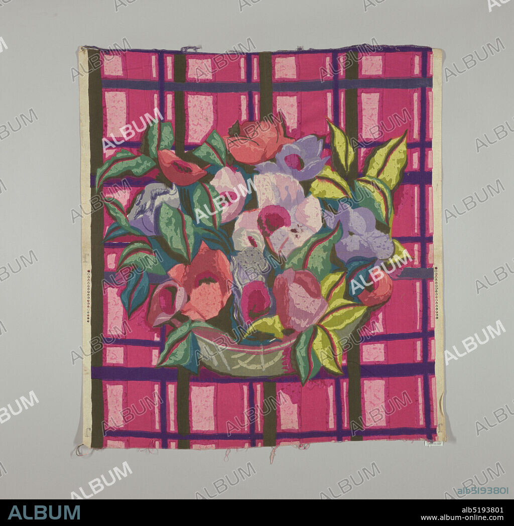 Textile, Medium: cotton Technique: block printed, Multicolored block print of a grey-green bowl with large red, pink and lavender flowers with leaves in two shades of green. Bowl is placed on a plaid-like ground of deep pink, dark purple, and black., England or USA, 19201930, printed, dyed & painted textiles, Textile.